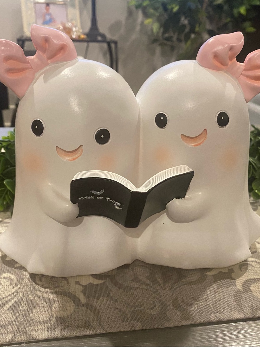 New! Adorable Resin Twin Ghost Figurines with Pink Bows - Homegoods